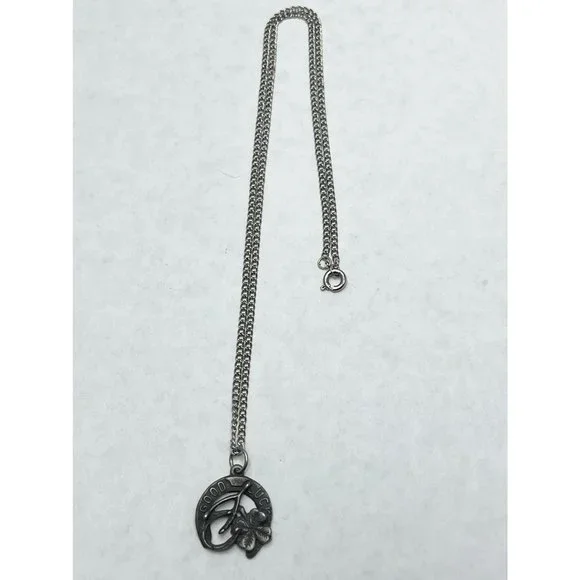 Vintage Good Luck Horseshoe Wishbone Clover Charm Necklace